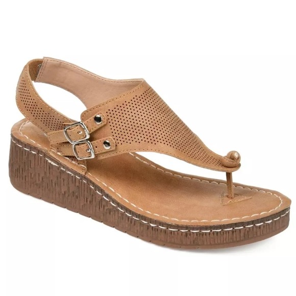 Journee Collection McKell Wedge Sandals Buckle Comfort Summer Size 8.5 Tan‎ - Picture 1 of 9